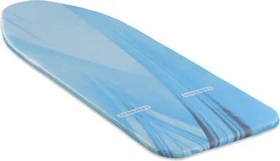 A close-up, angled view of a blue and light blue patterned ironing board cover on a white background.