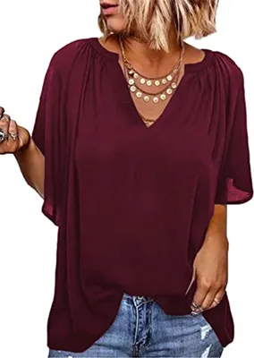 Produktbild von ASKSA Damen Elegant Hemd Rüsche Casual Shirt V-Ausschnitt Lose Tunika 3/4 Glockenärmel Einfarbig Bluse, Rot, XXL