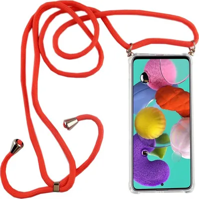 Zdjęcie produktu dla Łańcuszek do telefonu Samsung Galaxy A51 - naszyjnik na smartfona z paskiem - sznurek z etui do zawieszenia na szyi w kolorze różowym
