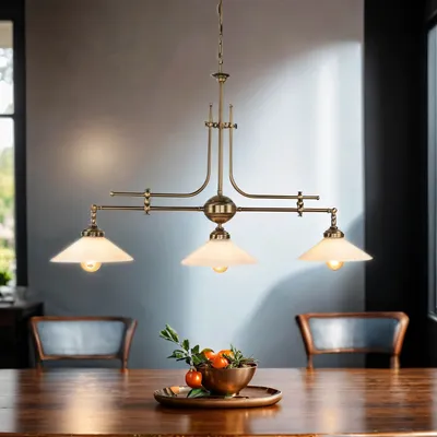 A dining room with a chandelier over a wooden table.