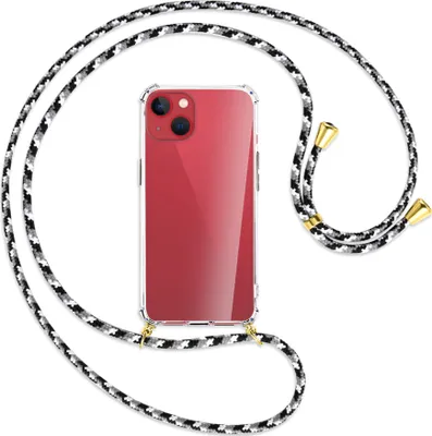 Produktbild von Handykette Backcover-Schutzhülle mit Band (Metall goldfarben) für Apple iPhone 13 - schwarz/grau/weiß