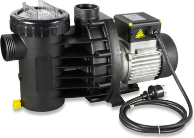 A black and silver water pump with a power cord and plug, set against a white background.