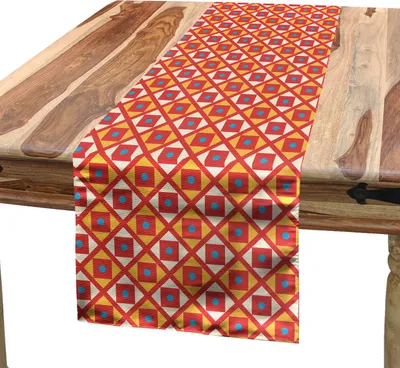 Produktbild von ABAKUHAUS Geometrisch Tischläufer, Überprüftes Muster mit Punkten in der quadratischen diagonalen geometrischen Retro- Art, 40 x 180 cm, Himmelblau Ringelblume