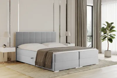 Produktbild von MEBLINI Boxspringbett mit Bettkasten - Gepolstert Doppelbett mit Matratze und Topper - Polsterbett mit Stauraum - Bett mit Kopfteil - Stauraumbett - CHANDON - 180x200 - H3P/Hellgrau Samt
