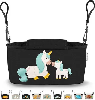 Produktbild von Babystep-Organizer mit feuchtem Tuchspender - 12 Motiven - Schultertasche - Aufbewahrungstasche - Schwarz mit Einhornmuster