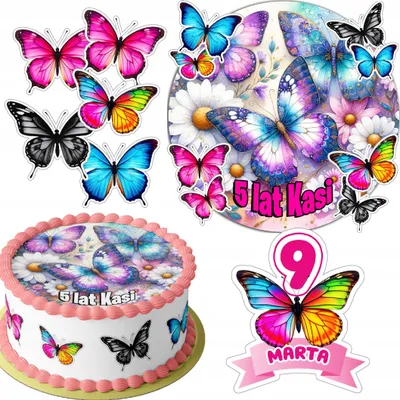 Produktbild von Zestaw Opłatek Na Tort 20Cm + 16 Postaci - Motyl + Imię 15Cm 18Cm