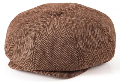 Produktbild von Herren Newsboy-Mütze 8-Panel Fischgrätenmuster Tweed-Wollmischung Schirmmütze Vintage Braun S-M