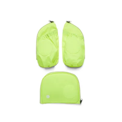 Three neon yellow pouches are displayed against a white background. Two pouches are standing upright and slightly angled, while one is lying flat in front of them.