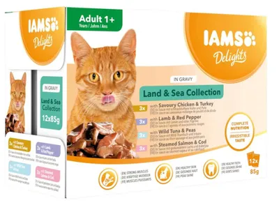 Imagen del producto de Alimento para gatos IAMS Delights, colección "Tierra y Mar", multipack, 12 unidades de 85 g