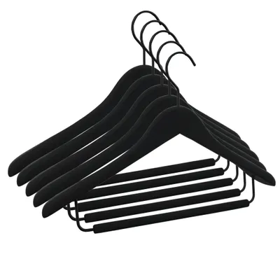 Produktbild von Hochwertiger Premium Kleiderbügel mit Hosensteg aus Holz 45cm Breite schwarz beschichtet gummiert | 5 Stück