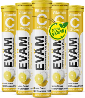 Produktbild von EVÄM Vitamin C Brausetabletten 5er Pack, Zitronengeschmack, Immunsystem & Energie, Verringerung von Müdigkeit und Ermüdung, zuckerfrei vegan