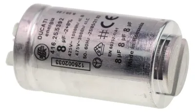 A silver cylindrical capacitor with text and logos printed on its side, isolated on a white background.