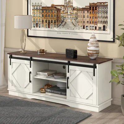Produktbild von Merax Lowboard TV-Schrank mit 2 Schiebtüren und großem Stauraum, Fernsehtisch 150 x 60 x 40 cm, Fernsehschrank TV Lowboard, Weiß in Industrie-Design