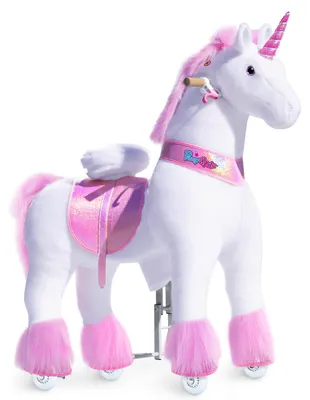 Produktbild von PonyCycle Klassisch Modell U Pinkes Einhorn Reitspielzeug für Kinder – Plüsch-Reittier auf Rädern, mit Bremse & Klang, 108 cm Höhe, Größe 5 (7+ Jahre), max. 80 kg, Sitzhöhe 73 cm