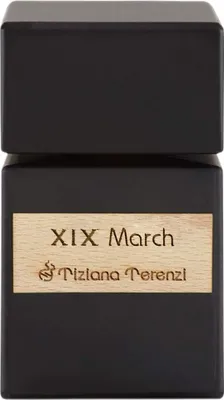 A black perfume bottle with a wooden label.