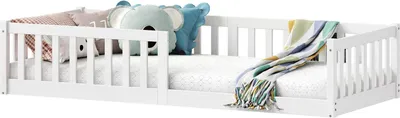 Produktbild von Bodenbett GUSTAVO mit Rausfallschutz Kiefer Massiv – Weiß 90 x 190 cm Bodenbett mit Rausfallschutz Montessori-Kinderbett