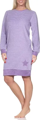 Obrázek produktu pro Dámská froté noční košile Normann s dlouhými rukávy v puntíkovaném a pruhovaném designu - také v plus size velikosti ; pruhy fialová , 52 let