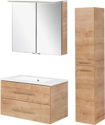 Produktbild von FACKELMANN B.PERFEKT Badmöbel Set 4-teilig,  Braun hell, Waschtisch + LED Spiegelschrank + Hochschrank