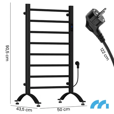 A black towel warmer with dimensions and a power plug shown.