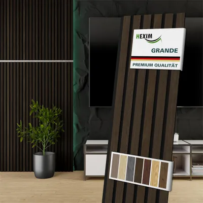 Produktbild von HEXIM Akustikpaneele 140x30cm Holz Grande - Wandpaneele Platten Lamellen Holzpaneele Echtholzfurnier 21mm Filz Schalldämmung MDF Braun (0,42m² Dark Smoked Oak)