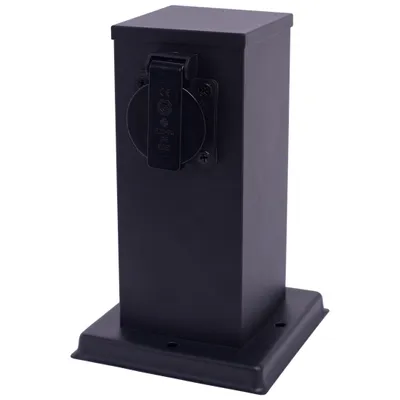 A black electrical power post with a single outlet and a protective cover.
