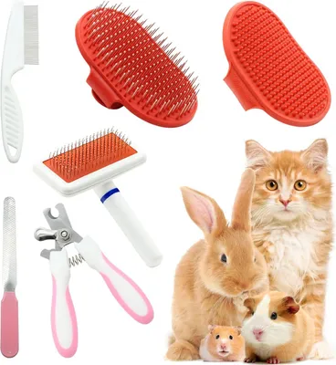 Produktbild von Pflegeset für Kaninchen, 6-teilig, mit Fellbürsten, Nagelschneider, Massagehandschuh, für kleine Haustiere