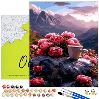 Produktbild von Oh Art! Malen nach Zahlen 40x50 cm Leinwand mit Rahmen, 33 Acrylfarben, 3 Pinseln und Zubehör – „Morgen mit Rosen & Kaffee“ – für Erwachsene & Kinder