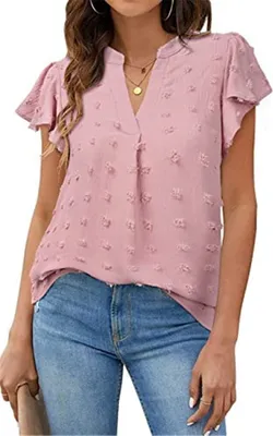 Produktbild von ASKSA Damen Sommer V-Ausschnitt Rüschen Bluse Chiffon Polka Dot Tunika Shirt, Rosa, M
