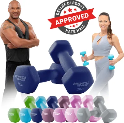 Produktbild von Miweba Sports Profi Neopren Hantel NKH100 | Hantelset - Kurzhanteln - Hexagon - Home Workout - Krafttraining - Anti Rutsch (Königsblau 2x 2,0 Kg)