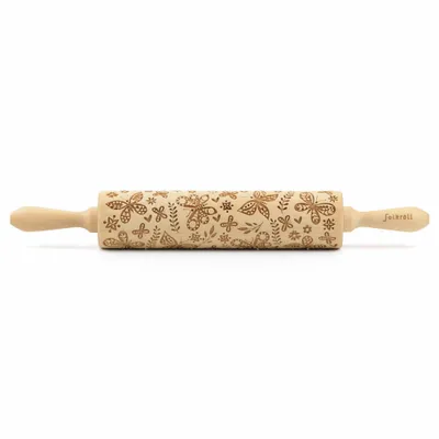 Produktbild von Folkroll Teigrolle Schmetterlinge, groß, 43 cm, Nudelholz, Prägerolle, Muster, Motiv, Rolle, Buchenholz, 330340