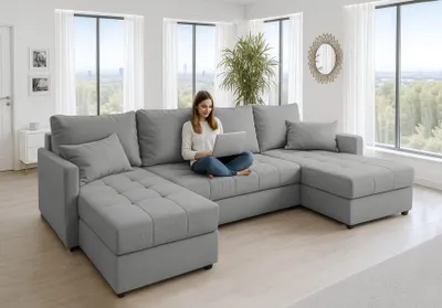 Produktbild von AX LIVING Ecksofas groß Dolceo 287 cm – Sofa grau mit Schlaffunktion & Ottomane