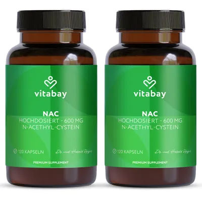 Produktbild von Vitabay NAC 600 mg – 240 vegane Kapseln mit N-Acetyl-L-Cystein – 2er-Pack – Ohne unnötige Zusatzstoffe