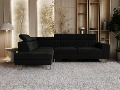 Produktbild von GrainGold Ecksofa L-Form Links Berona - Ecksofa mit Schlaffunktion und Bettkasten - Moderne Ecksofa, Wohnzimmer Ecksofa - Eckcouch Schwarz (Royal 31)