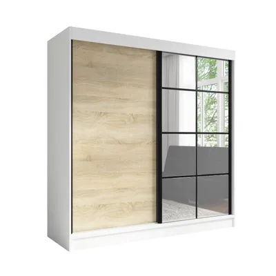 Produktbild von Taviro 200 cm Weiß / Sonoma, 2-türiger Kleiderschrank mit Spiegel, 3 Schubladen und Kleiderstangen – Funktionalität und Eleganz!