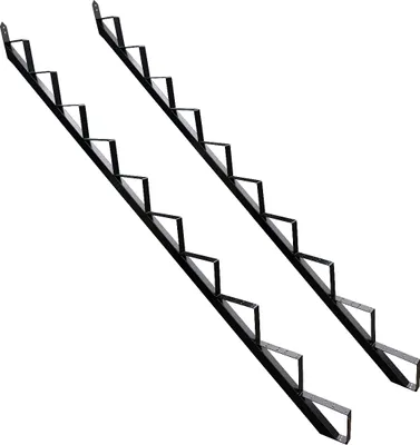 Two black metal stair stringers are shown against a white background.