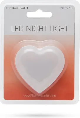 A packaged LED night light in the shape of a heart.