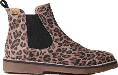 A single leopard-print boot is shown against a white background.