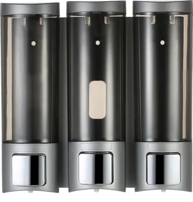 Imagen del producto de Dispensador manual de jabón Chuangdian, para montaje en pared, con tres compartimentos para champú, gel de ducha y dispensador de líquidos para inodoros, capacidad de 200 ml por compartimento