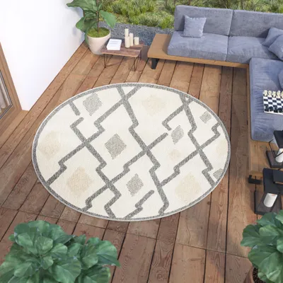 Immagine prodotto di Tappeto rotondo per esterni interni Soggiorno Camera da letto Design moderno Terrazza Balcone Crema Grigio 120 x 120 cm