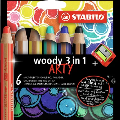 Image de STABILO woody 3 en 1 - Crayon de couleur multi-talent - ARTY - Set 6 pcs + Taille-crayon
