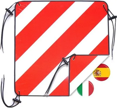 Produktbild von Famanu Warnschild 2-in-1 für Italien und Spanien - Aluminium 50 x 50 cm mit 4 Gratis Spanngurten