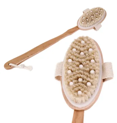 Obrázek produktu pro Kartáč na suchou masáž těla masážní kartáč s rukojetí 44 cm dřevěný na mokré i suché použití