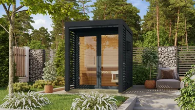 Produktbild von Karibu Saunahaus Außensauna Gartensauna ARES 1 anthrazit lackiert ohne Zubehör 38mm Wände 191x276x232 cm Metallfarbe: anthrazit