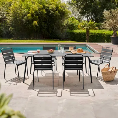 Produktbild von Gartentisch und 6 Stahlsessel Grau - Oviala Palavas