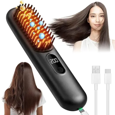 Produktbild von Akku-Haarglättungsbürste mit USB-C, Ionen-Keramikbeschichtung, 4 Heizstufen bis 200 °C, kabellos