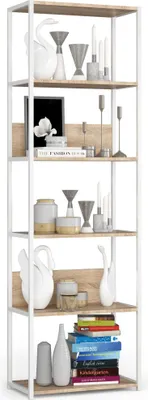 Produktbild von Bücherregal AKORD Metallregal mit Ebenen aus Holzwerkstoff Weiß Breite 60 cm 6 Ebenen Sonoma-Eiche B60 x H192 x T32 cm