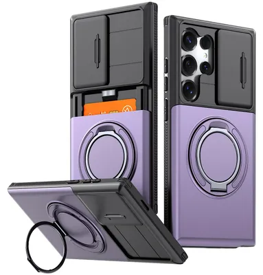 Produktbild von Handyhülle mit Kartenfach für Samsung Galaxy S24 Ultra, Schiebe Kameraschutz, Ringhalter Ständer, Stoßfeste Schutzhülle Lila