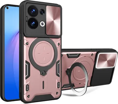 Produktbild von Handyhülle für Oppo Reno8 5G Dual-Layer Stoßfest Rüstung Hülle mit Dia Kameraschutz und Kreisförmig Ring Ständer Roségold