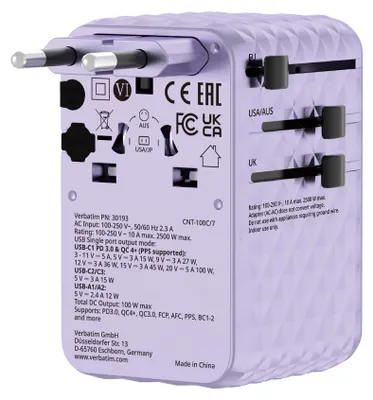 Produktbild von Verbatim Charge 'N' Travel 100W Universal Travel Adapter With Retractable Cable Purple
