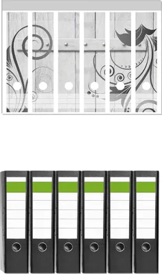 Produktbild von Wallario 6 Stück breite Ordner inkl. Klebeetiketten mit Motive Graue Holztür mit Schnörkelmuster -  Set mit Rückenschildern / Ordnerrücken Stickern